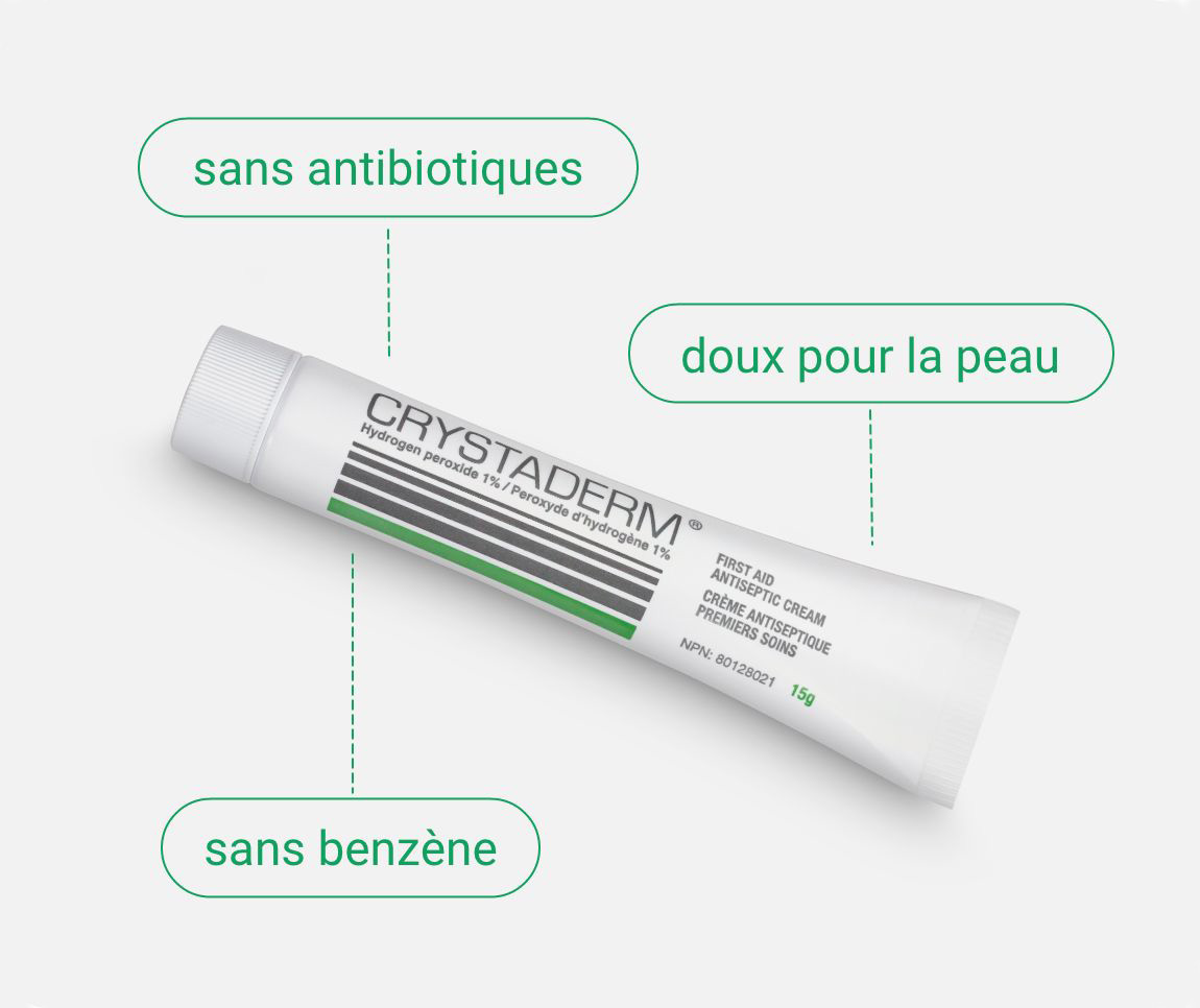 Tube Crystaderm avec les mentions sans antibiotiques, doux pour la peau et sans benzène